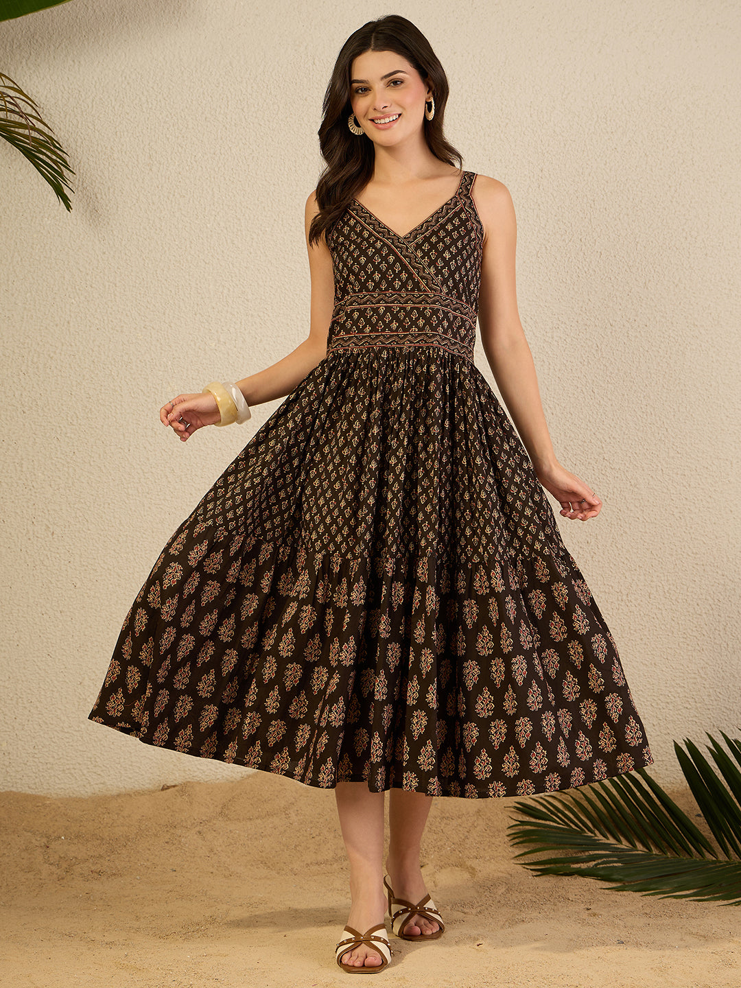 Janasya Women's Brown Pure Cotton Ethnic Motifs Printed Tiered Dress