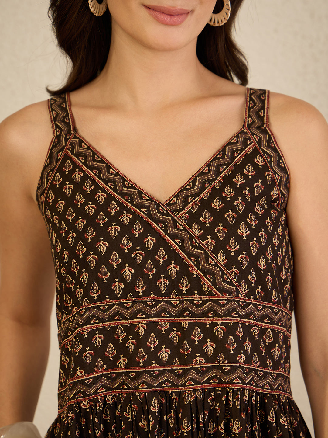 Janasya Women's Brown Pure Cotton Ethnic Motifs Printed Tiered Dress