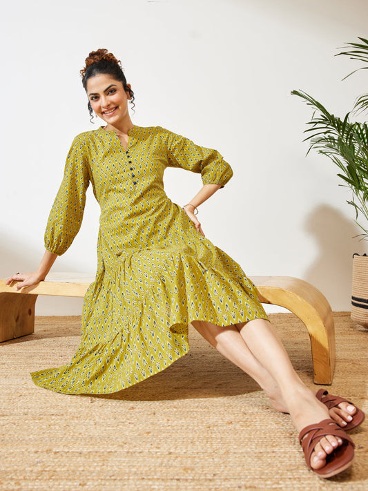 Janasya Women's Mustard Pure Cotton Ethnic Motif Printed Fit & Flare Dress