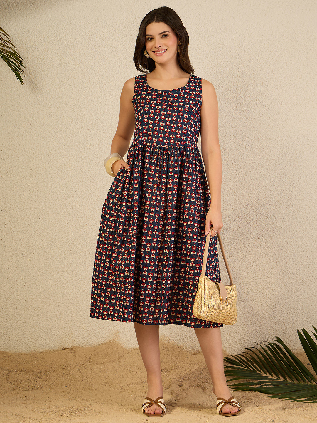 Janasya Women's Navy Blue Pure Cotton Ethnic Motifs Printed Gathered Dress
