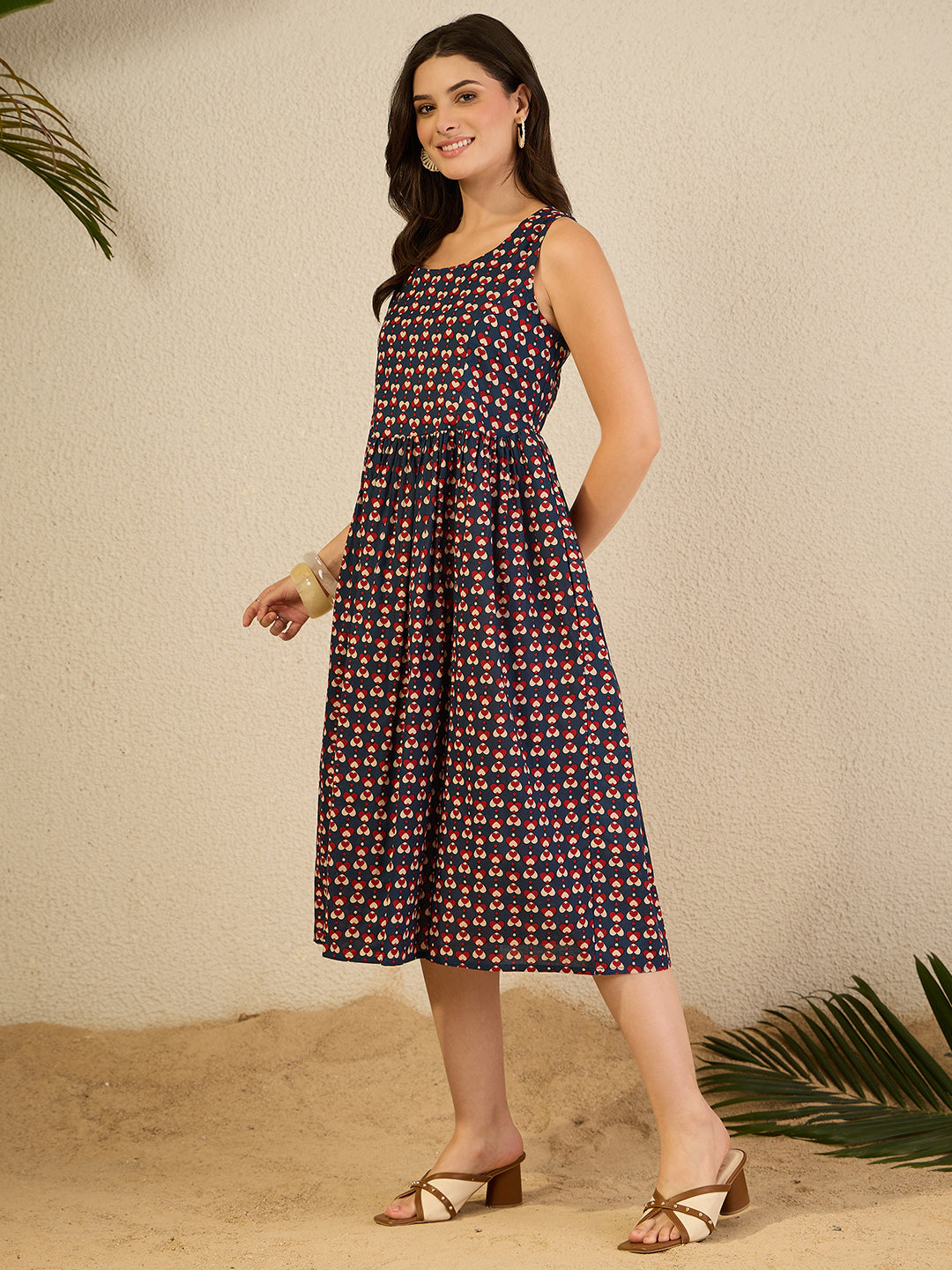Janasya Women's Navy Blue Pure Cotton Ethnic Motifs Printed Gathered Dress