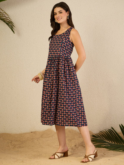 Janasya Women's Navy Blue Pure Cotton Ethnic Motifs Printed Gathered Dress