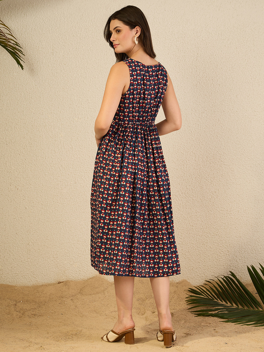 Janasya Women's Navy Blue Pure Cotton Ethnic Motifs Printed Gathered Dress