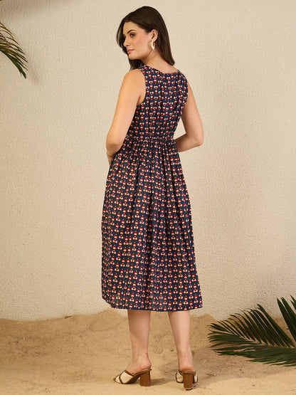 Janasya Women's Navy Blue Pure Cotton Ethnic Motifs Printed Gathered Dress