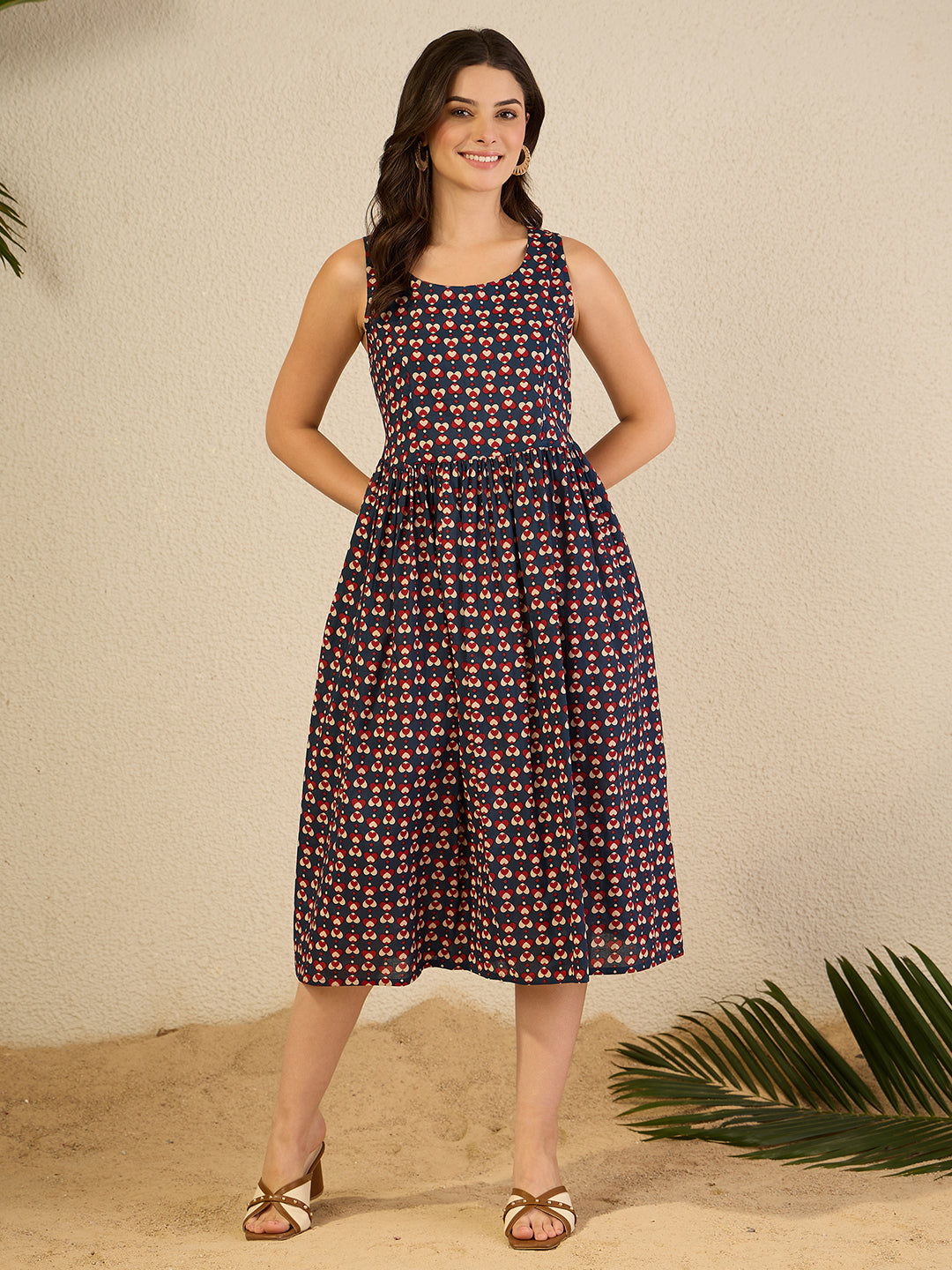 Janasya Women's Navy Blue Pure Cotton Ethnic Motifs Printed Gathered Dress