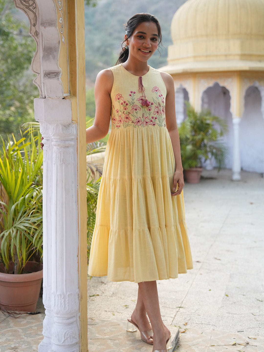 Janasya Women's Yellow Pure Cotton Yoke Embroidered Tiered Dress