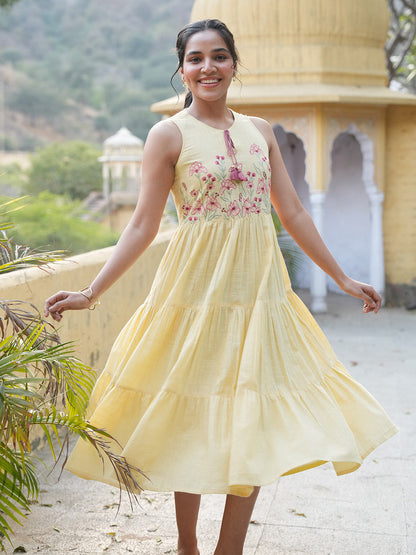Janasya Women's Yellow Pure Cotton Yoke Embroidered Tiered Dress