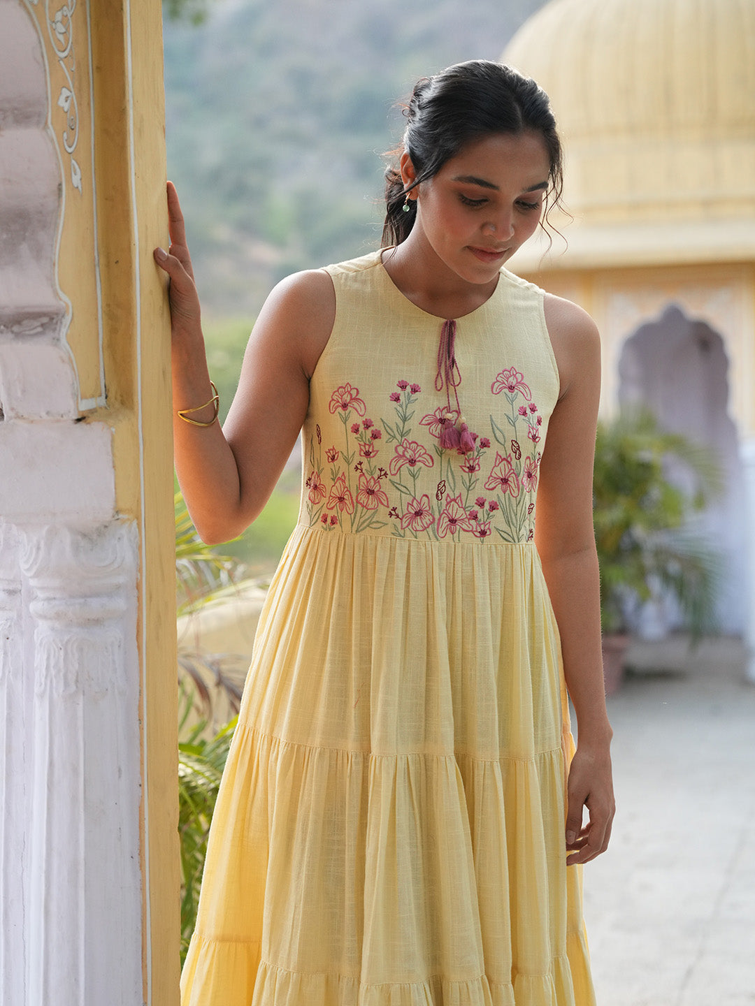 Janasya Women's Yellow Pure Cotton Yoke Embroidered Tiered Dress