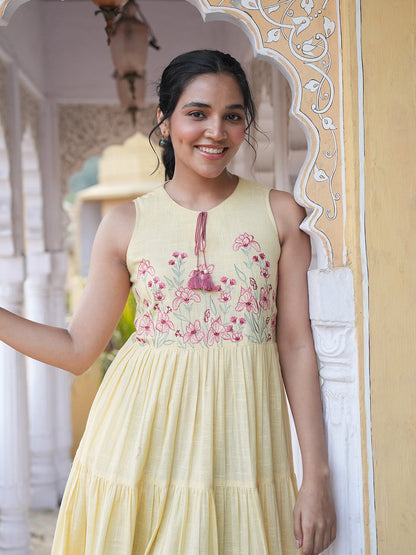 Janasya Women's Yellow Pure Cotton Yoke Embroidered Tiered Dress