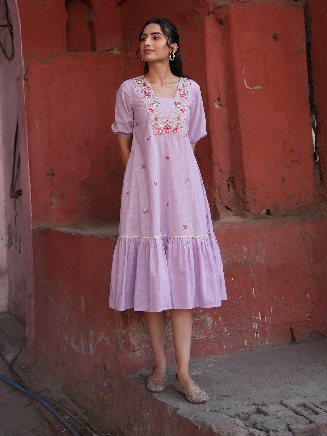 Janasya Women's Lavender Linen Cotton Floral Embroidered A-Line Dress