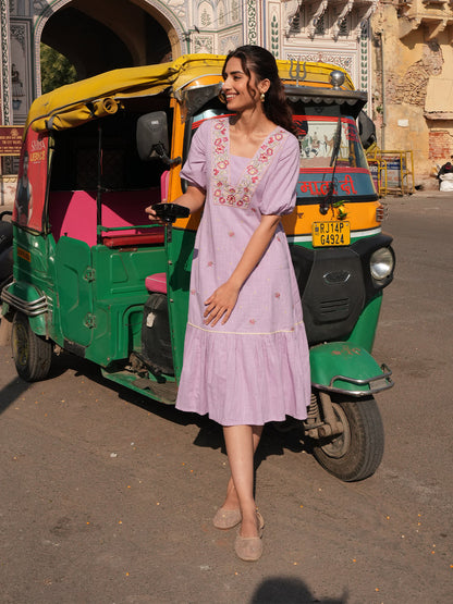 Janasya Women's Lavender Linen Cotton Floral Embroidered A-Line Dress