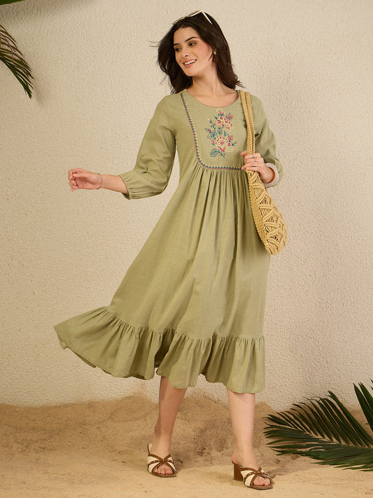 Janasya Women's Sage Green Linen Cotton Embroidered A-Line Dress