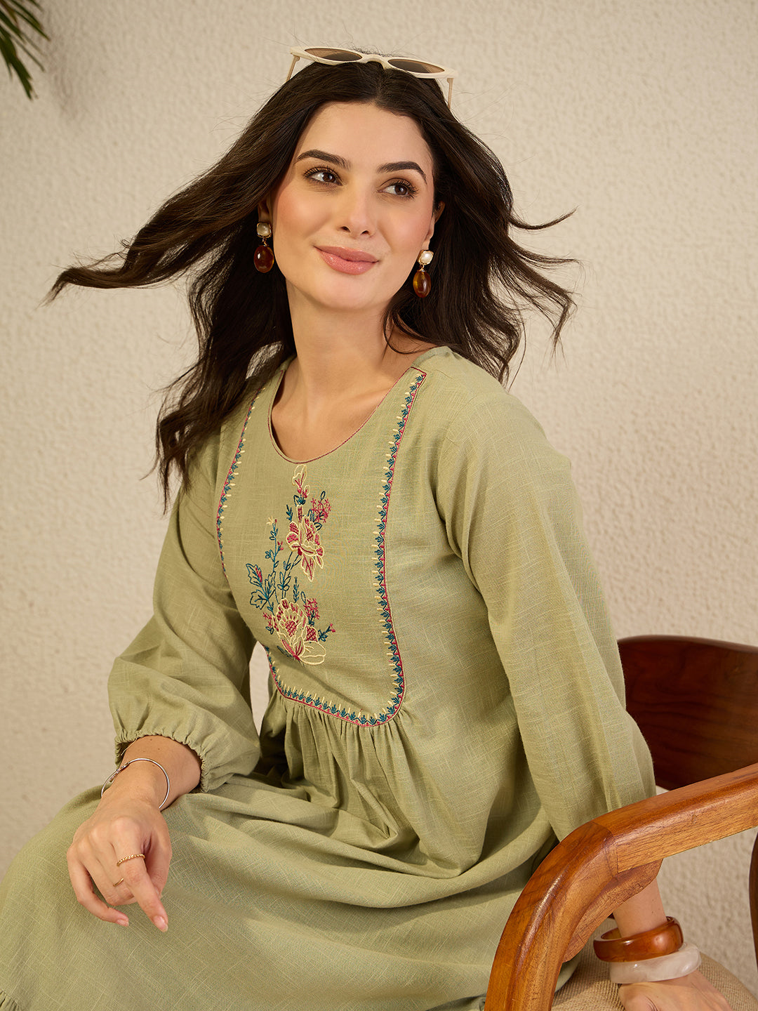 Janasya Women's Sage Green Linen Cotton Embroidered A-Line Dress