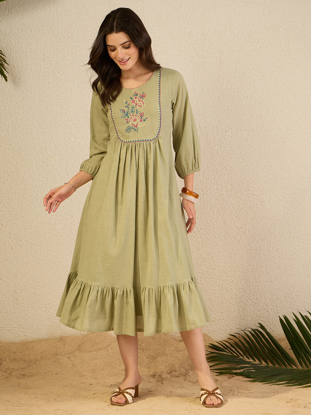 Janasya Women's Sage Green Linen Cotton Embroidered A-Line Dress