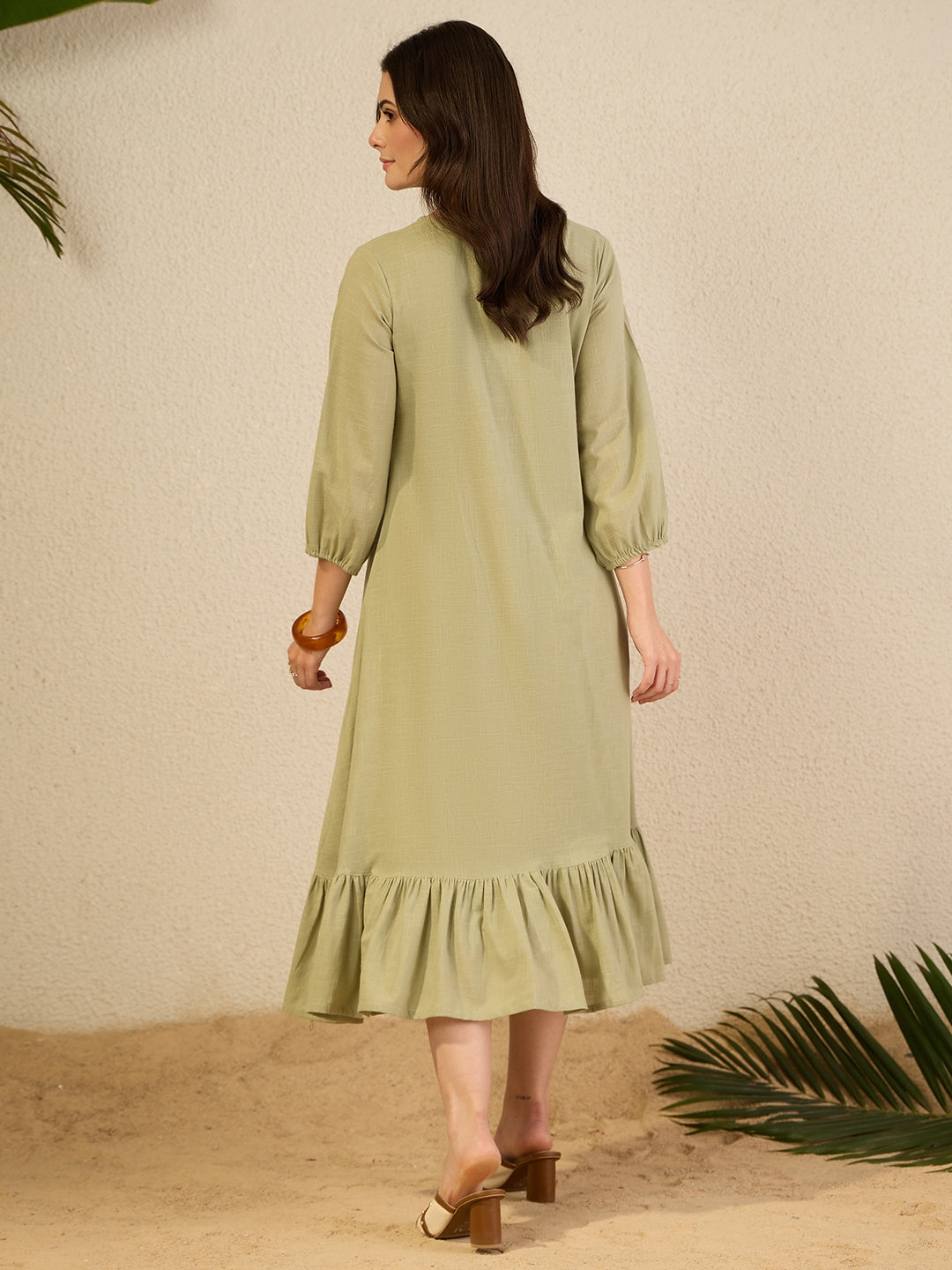 Janasya Women's Sage Green Linen Cotton Embroidered A-Line Dress