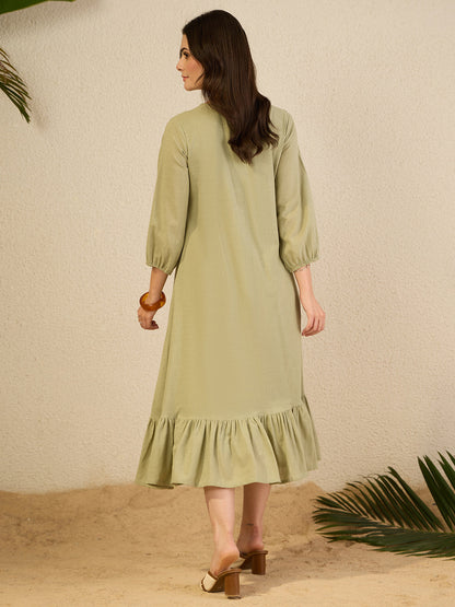 Janasya Women's Sage Green Linen Cotton Embroidered A-Line Dress