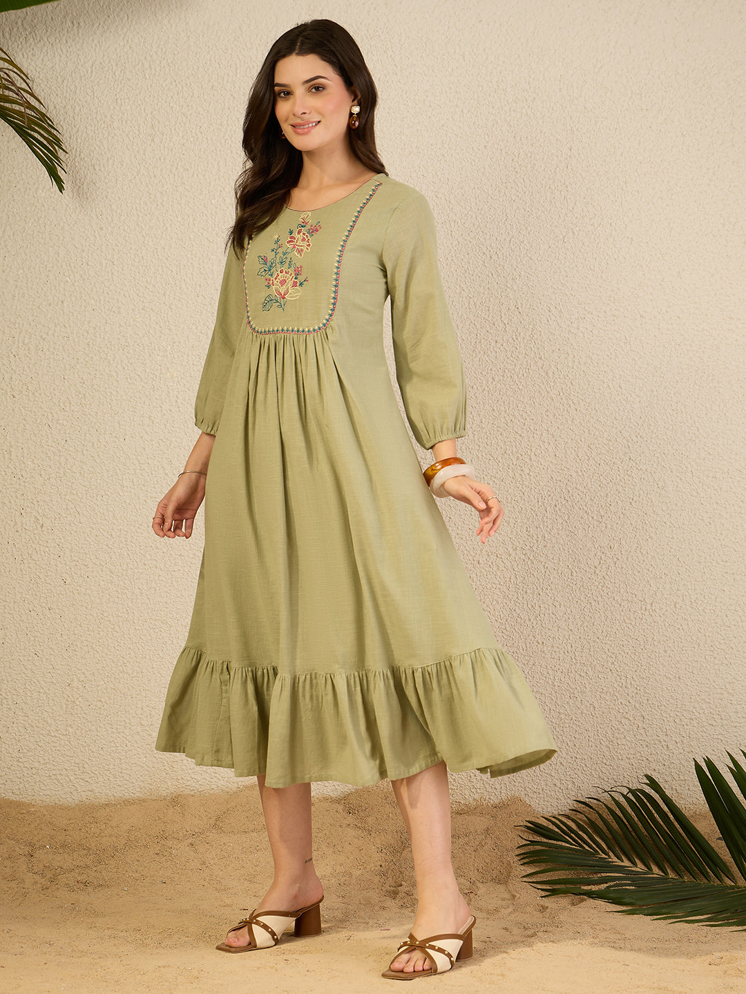 Janasya Women's Sage Green Linen Cotton Embroidered A-Line Dress