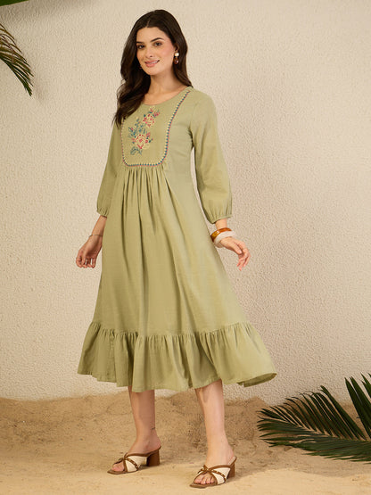 Janasya Women's Sage Green Linen Cotton Embroidered A-Line Dress