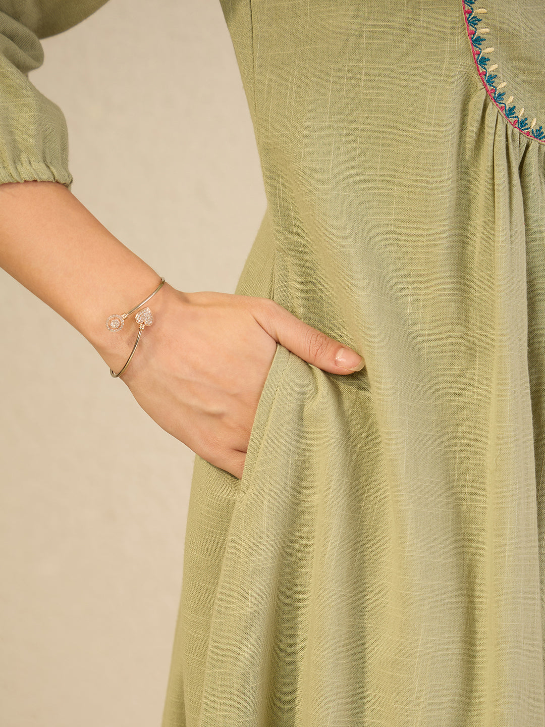 Janasya Women's Sage Green Linen Cotton Embroidered A-Line Dress