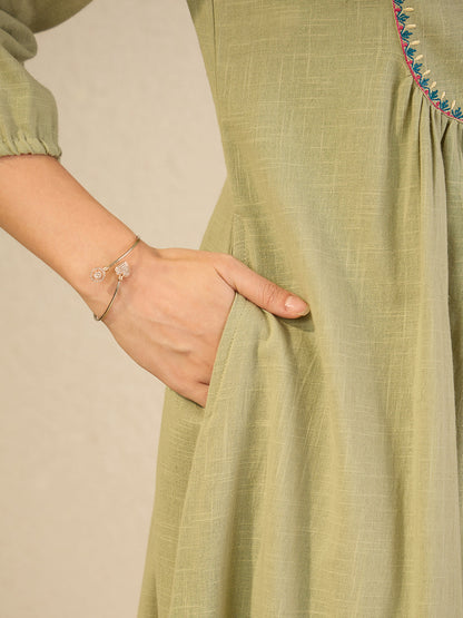 Janasya Women's Sage Green Linen Cotton Embroidered A-Line Dress
