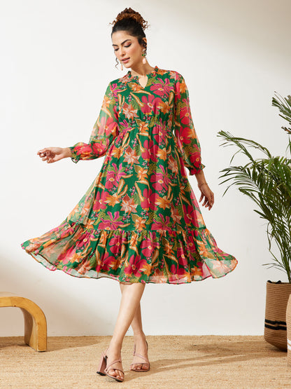 Janasya Women's Green Chiffon Floral Printed Fit & Flare Dress