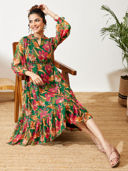Janasya Women's Green Chiffon Floral Printed Fit & Flare Dress