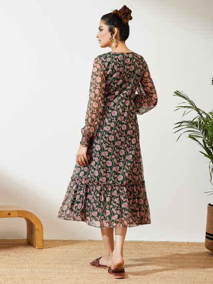 Janasya Women's Green Chiffon Floral Printed A-line Dress