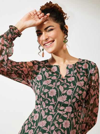 Janasya Women's Green Chiffon Floral Printed A-line Dress