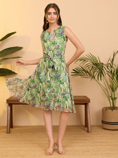 Janasya Women's Mint Green Chiffon Floral Printed Fit & Flare Dress