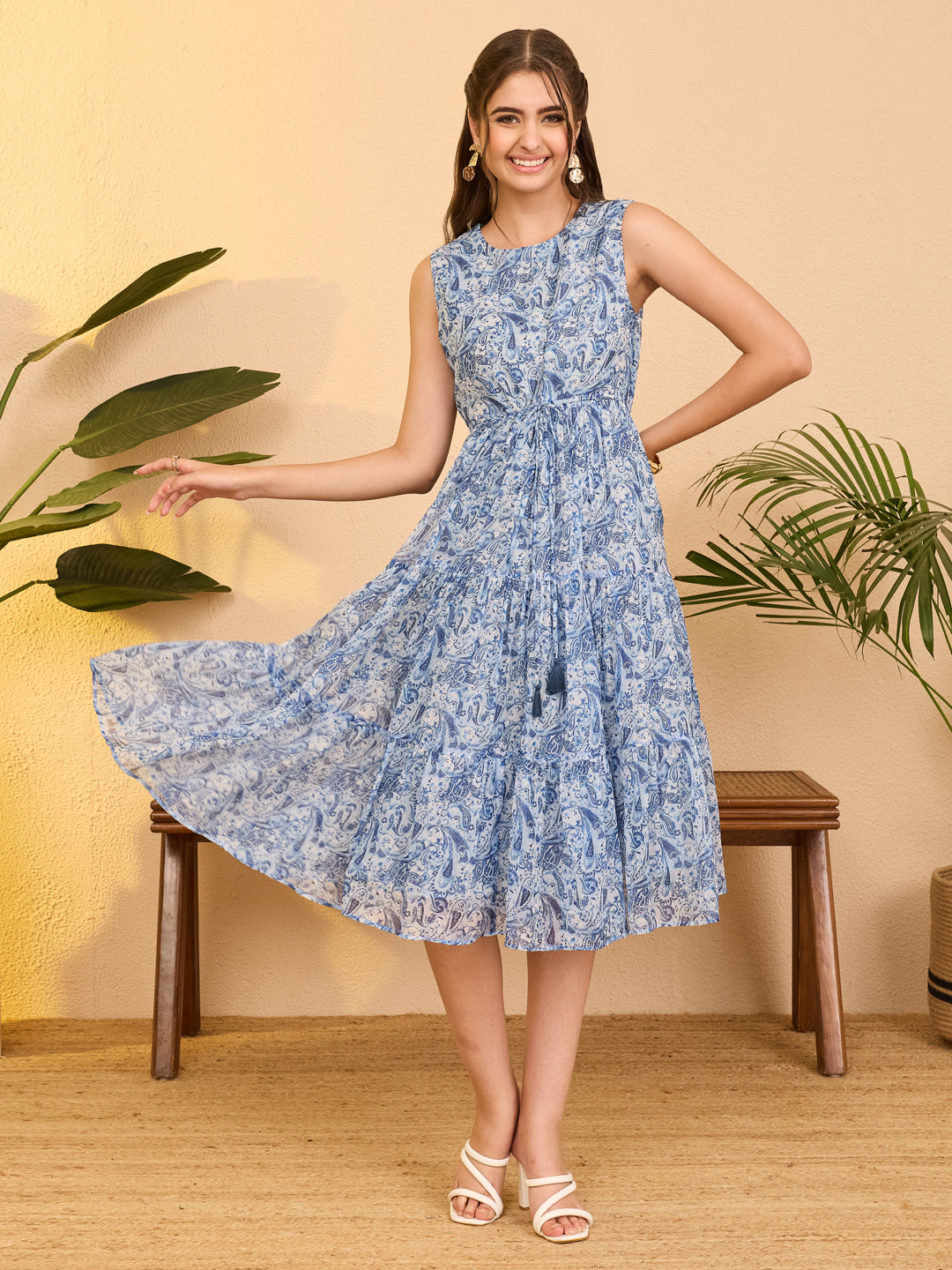Janasya Women's Light Blue Chiffon Paisley Printed Tiered Dress