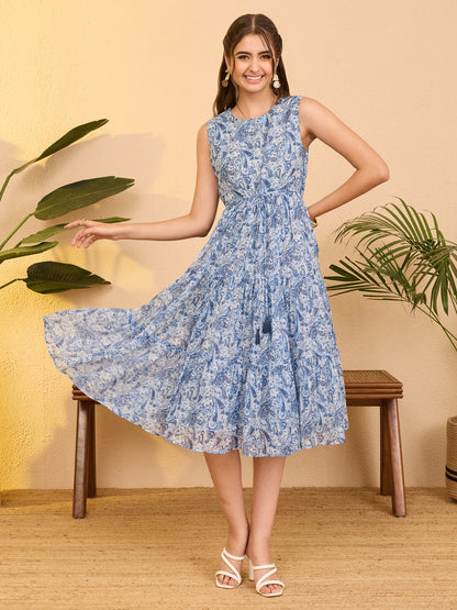 Janasya Women's Light Blue Chiffon Paisley Printed Tiered Dress