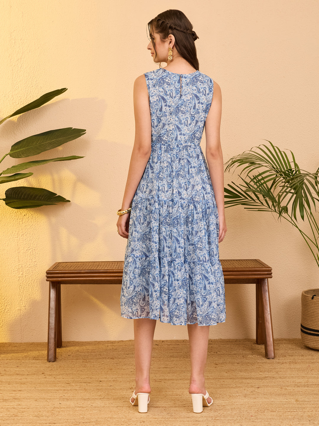 Janasya Women's Light Blue Chiffon Paisley Printed Tiered Dress