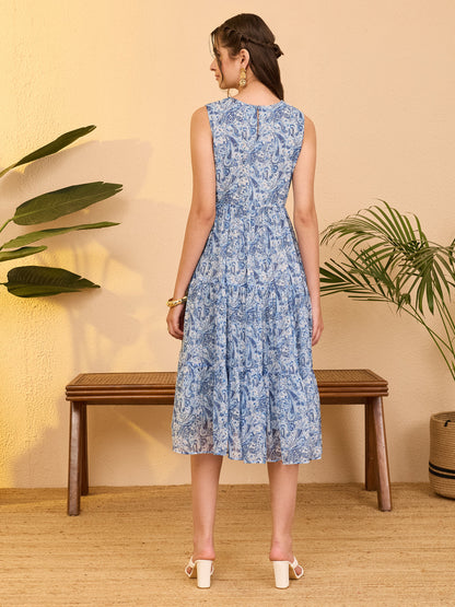 Janasya Women's Light Blue Chiffon Paisley Printed Tiered Dress