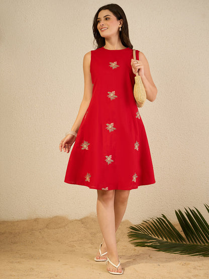 Janasya Women's Red Pure Cotton Embroidered A-Line Dress
