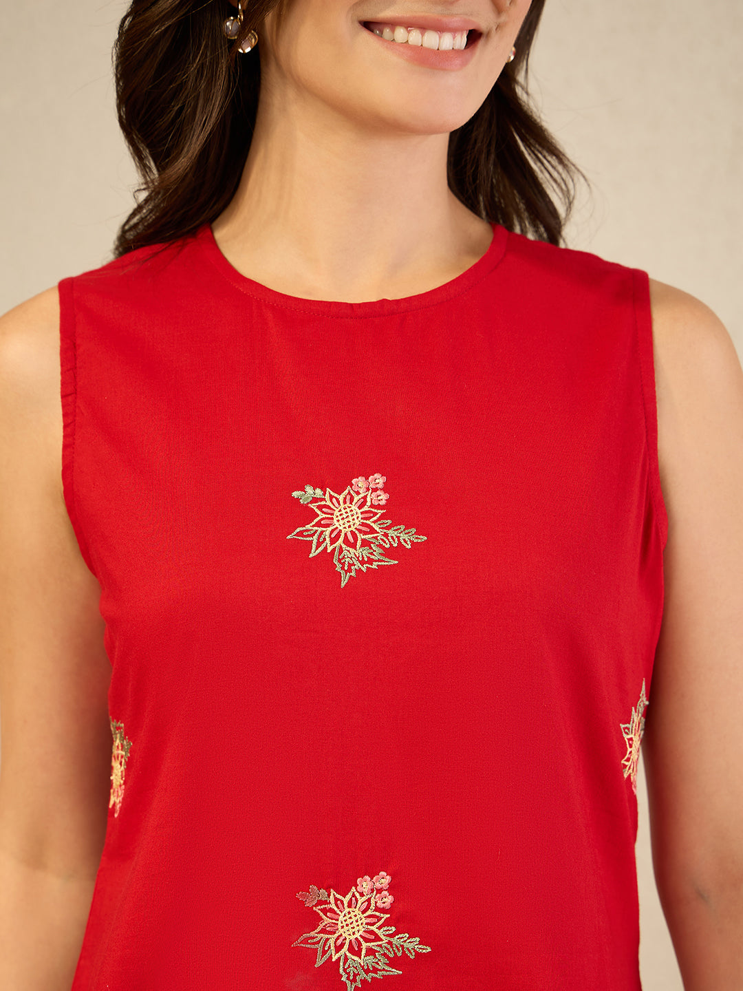 Janasya Women's Red Pure Cotton Embroidered A-Line Dress