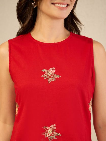Janasya Women's Red Pure Cotton Embroidered A-Line Dress