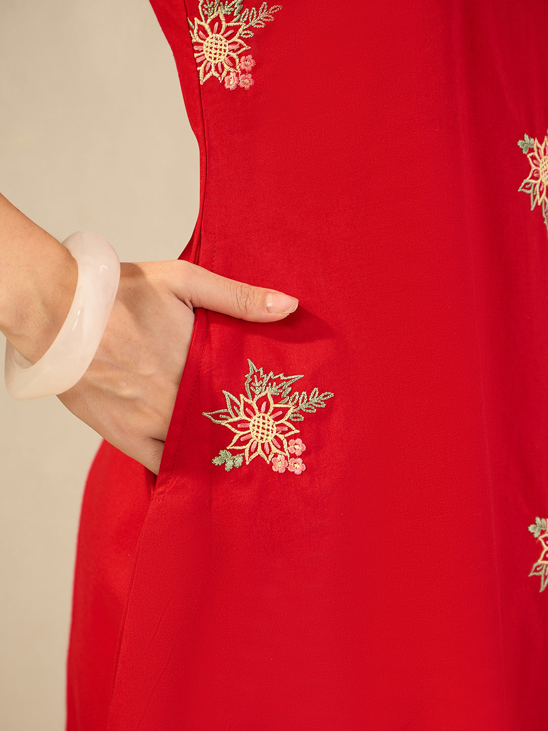 Janasya Women's Red Pure Cotton Embroidered A-Line Dress