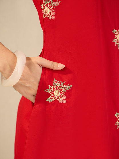 Janasya Women's Red Pure Cotton Embroidered A-Line Dress