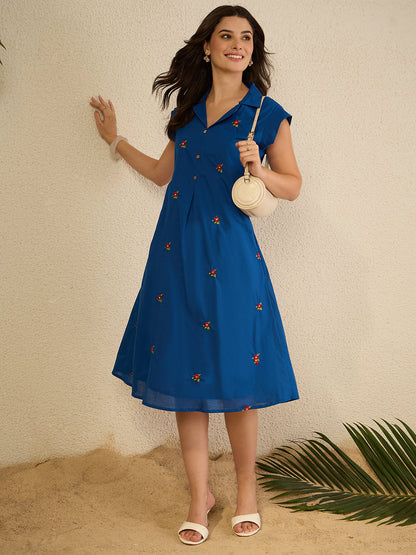 Janasya Women's Royal Blue Pure Cotton Embroidered A-Line Dress