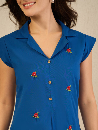 Janasya Women's Royal Blue Pure Cotton Embroidered A-Line Dress