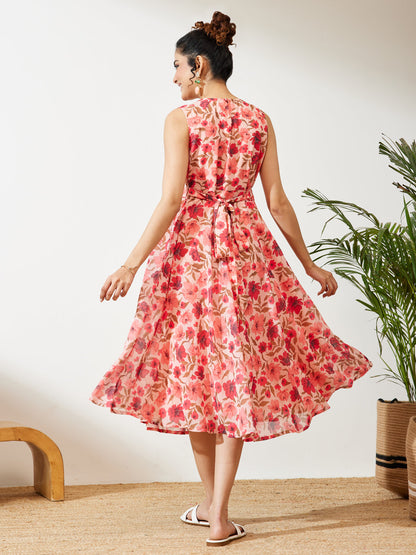 Janasya Women's Peach Georgette Floral Printed Flared Dress