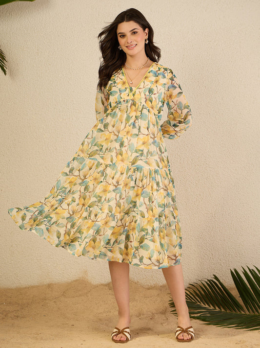Janasya Women's Yellow Chiffon Floral Printed Tiered Dress