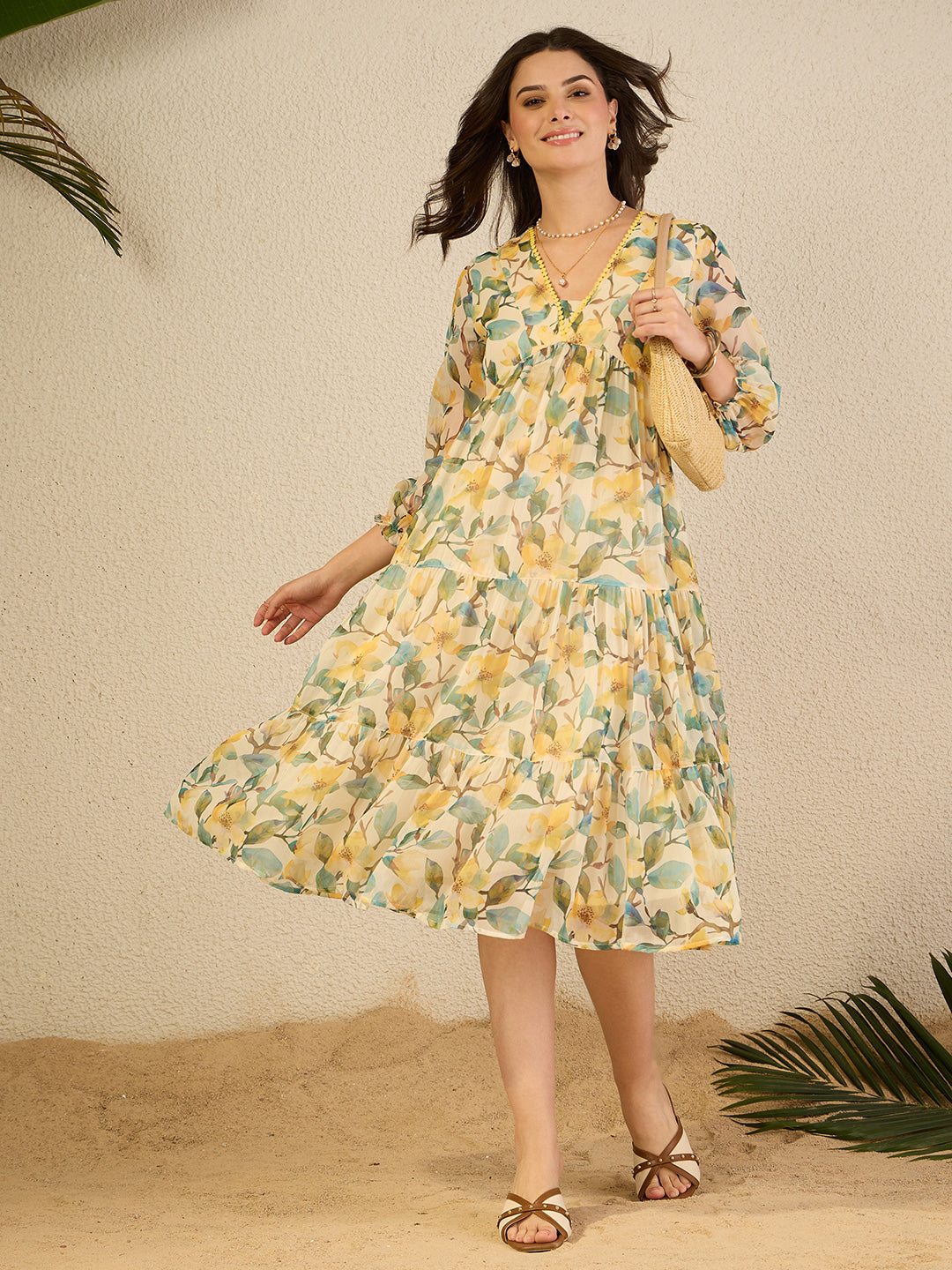 Janasya Women's Yellow Chiffon Floral Printed Tiered Dress
