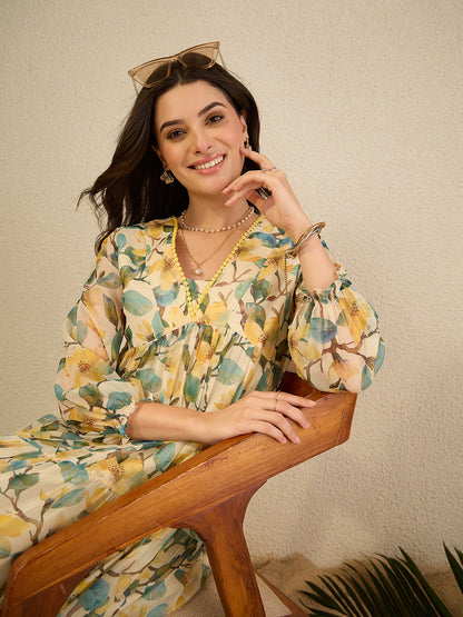Janasya Women's Yellow Chiffon Floral Printed Tiered Dress