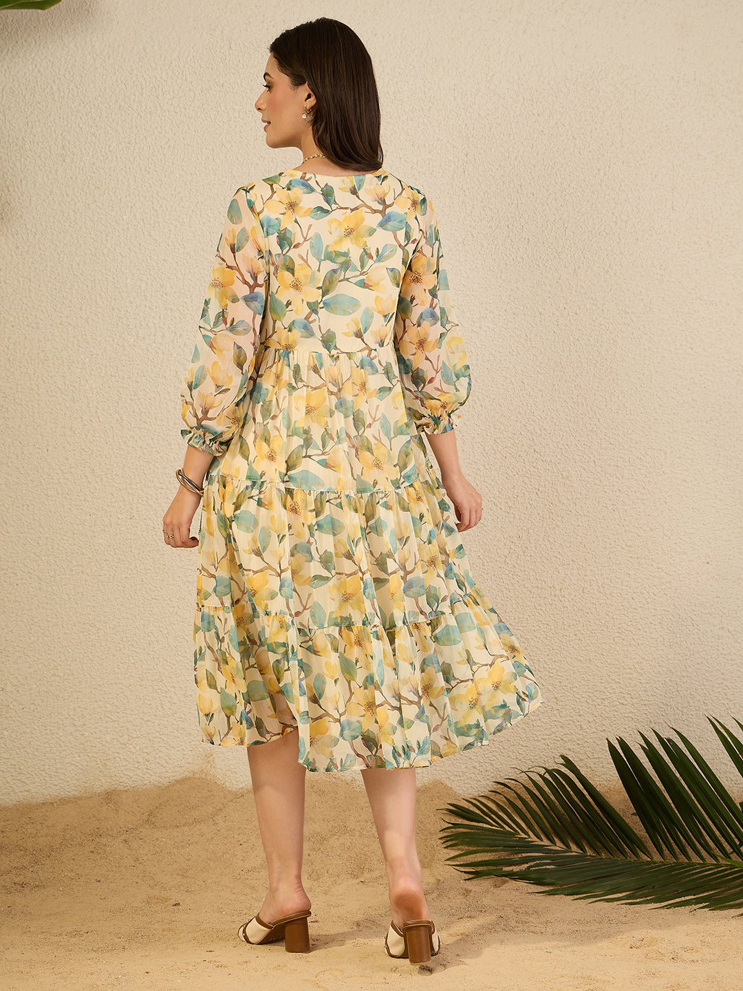 Janasya Women's Yellow Chiffon Floral Printed Tiered Dress