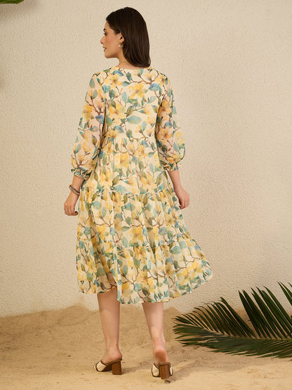 Janasya Women's Yellow Chiffon Floral Printed Tiered Dress