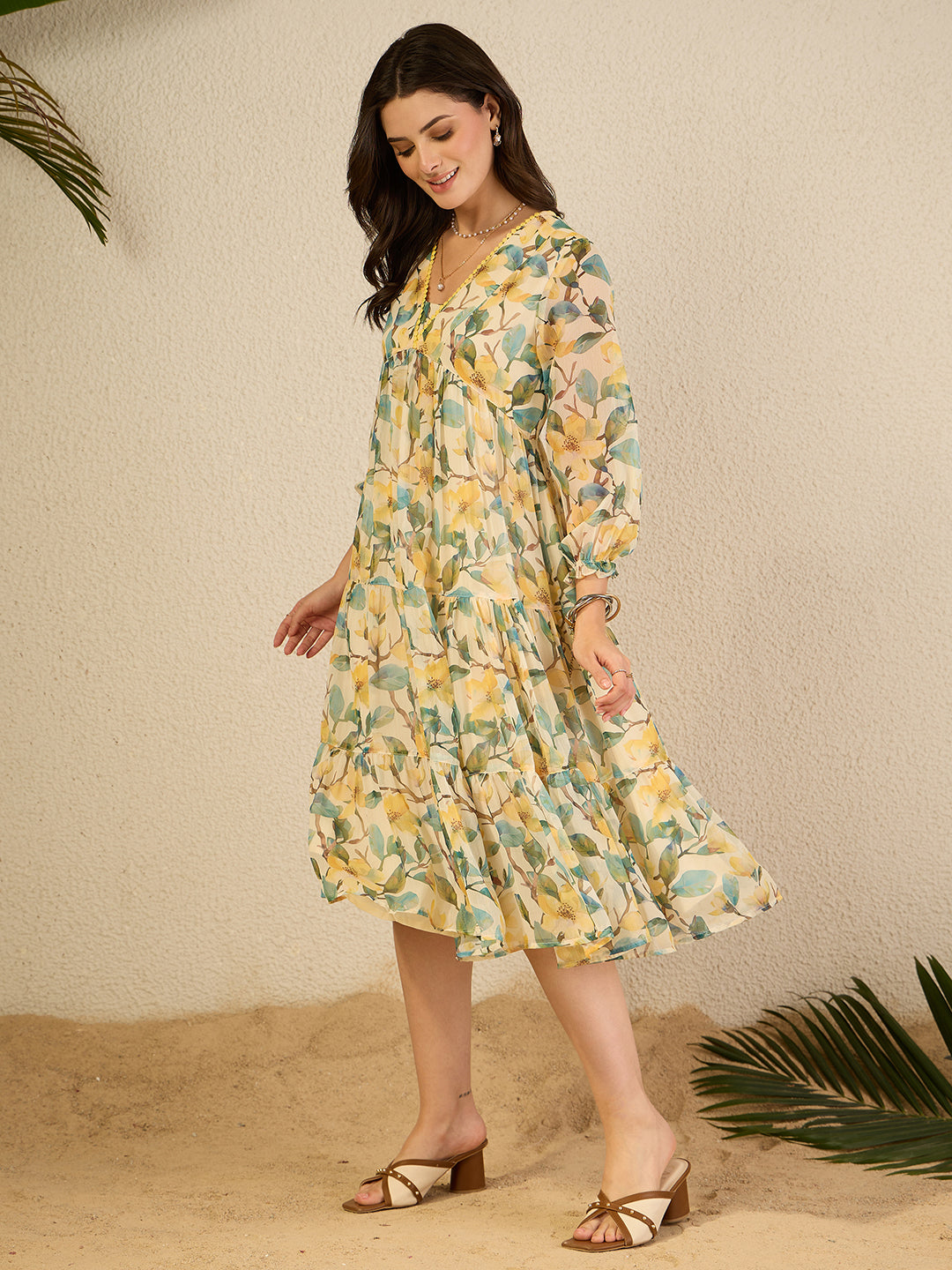 Janasya Women's Yellow Chiffon Floral Printed Tiered Dress
