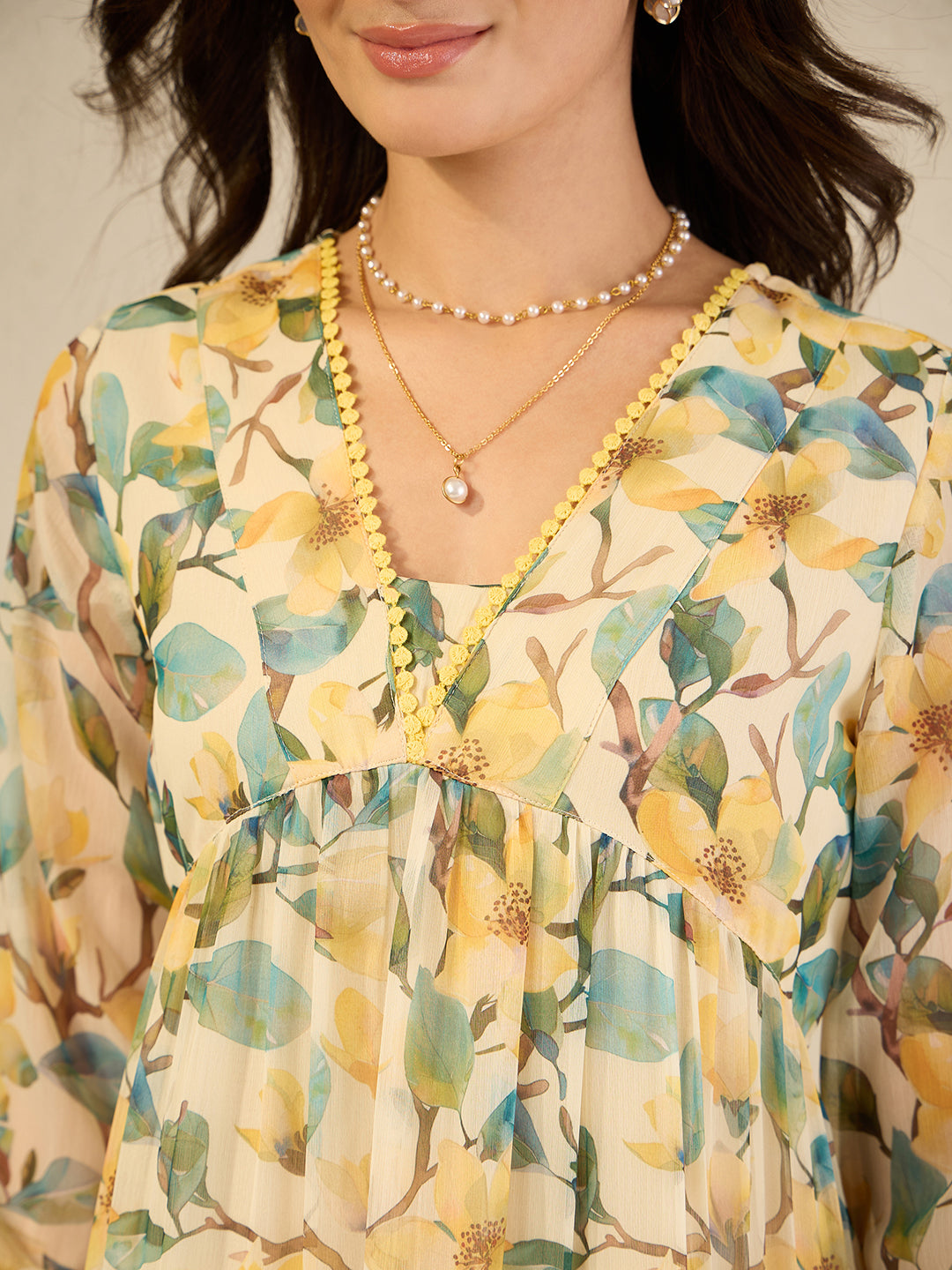 Janasya Women's Yellow Chiffon Floral Printed Tiered Dress