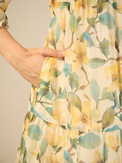 Janasya Women's Yellow Chiffon Floral Printed Tiered Dress