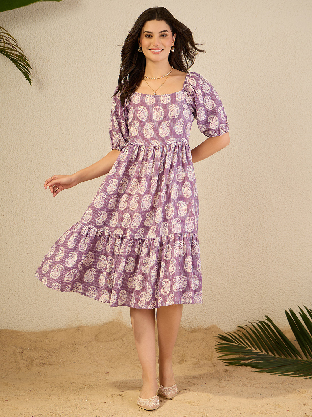 Janasya Women's Purple Pure Cotton Paisley Printed Gathered Dress